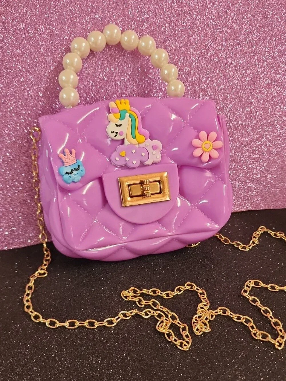 Kids Purple Unicorn Pearl-Handle Mini Bag with Gold Chain